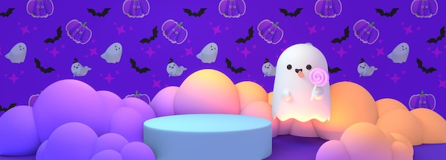 Photo podium d'halloween en dessin animé rendu 3d et fantôme mignon avec sucette