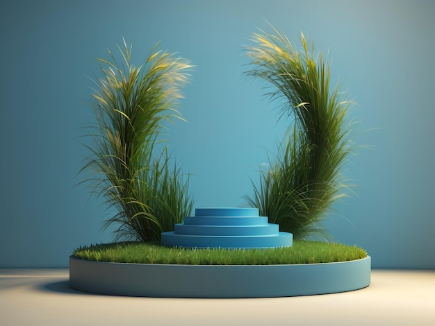 Podium d'herbe naturelle surélevé sur fond bleu avec cercle d'herbe