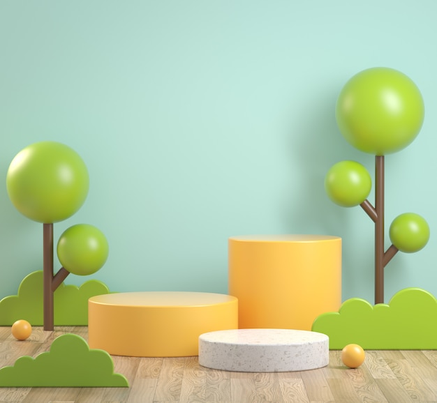 Podium jaune abstrait sur bois avec un rendu 3d de fond d'arbre et de menthe