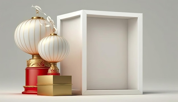 Podium avec lanterne nouvel an chinois avec coffret cadeau Fabriqué par AIIntelligence artificielle