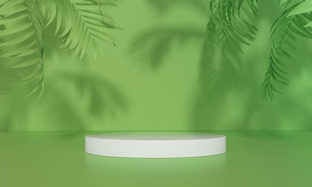 Podium avec lumière naturelle et palmiers ombragés sur fond vert pour l'affichage du produit Concept de durabilité de la plate-forme de podium vide Rendu 3D