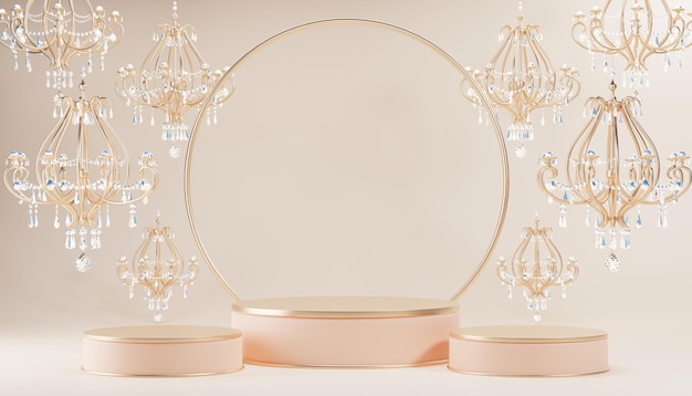 Podium de luxe 3d avec colonne romaine et cristal de lustre pour le fond du produit