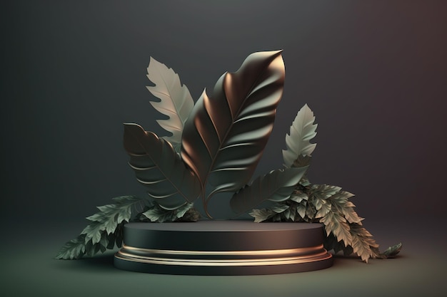 Podium de luxe 3D avec des feuilles d'éléments dorés pour l'affichage de produits cosmétiques ou de mode AI Generated