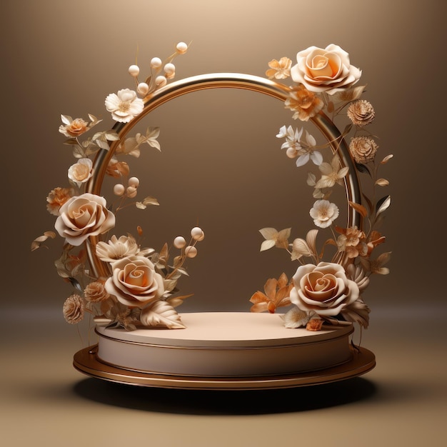Podium de luxe élégant avec des feuilles de roses dorées et des éléments de perles décoratifs pour la cérémonie de mariage