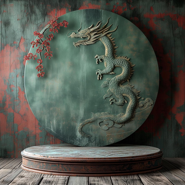 Photo un podium majestueux sur le thème du dragon pour des vitrines de produits captivantes