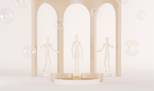 Podium et mannequin de verre avec fond abstrait Beige pastel avec arc art déco rendu 3d