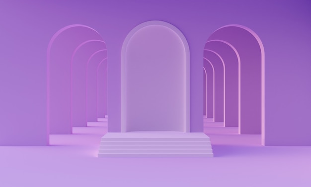 Podium de maquette 3D dans une salle violette néon minimaliste abstraite vide avec des arches pour la présentation du produit. Plate-forme moderne et élégante dans le style du milieu du siècle. rendu 3D