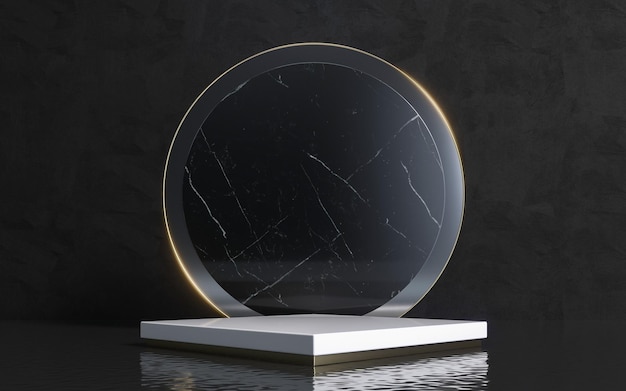 Podium de maquette de luxe sur la surface de l'eau avec marbre noir et cadre rond en or. Concept minimal abstrait pour l'affichage du produit. rendu 3d