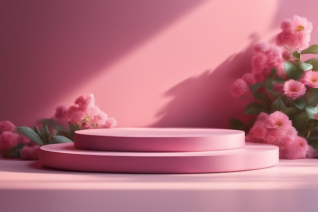 podium de maquette moderne définissant une scène rose avec des fleurs et une ombre de soleil sur fond de haute qualité