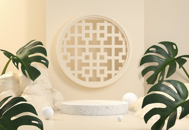 Podium en marbre blanc avec feuilles de monstera sur fond beige