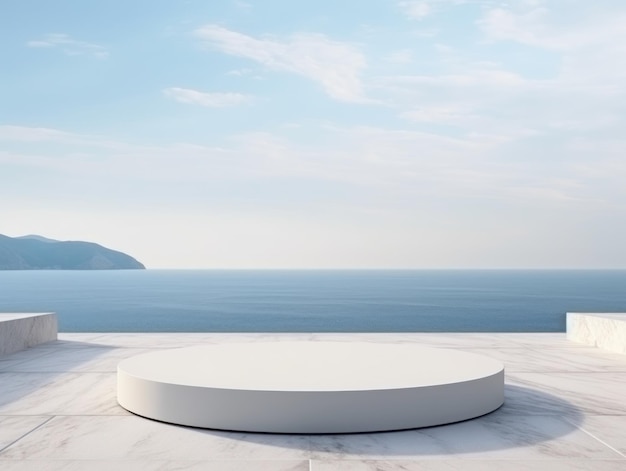 Podium en marbre blanc avec vue sur la mer sur fond photo de haute qualité