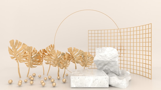 Podium en marbre géométrique entouré de boules sphériques dorées, de feuilles d'or et de panneaux de maille sur fond crème. Affichage de concept pour une utilisation dans les médias publicitaires. Rendu 3D