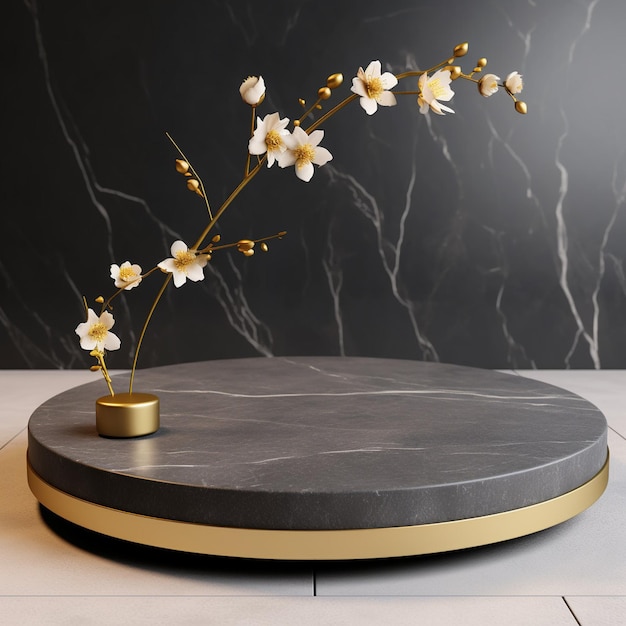 Podium en marbre de luxe sombre avec des fleurs dorées pour la présentation des produits