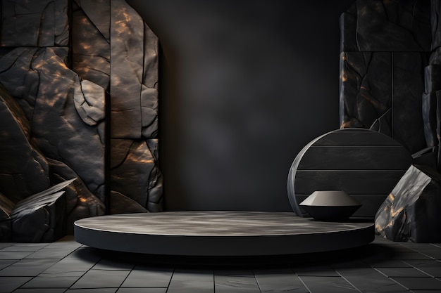 Podium en marbre noir sur un fond sombre 3D rendu mock up AI Generative Illustration Podium fo