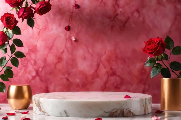 Un podium en marbre de pierre pour le présent du produit avec des fleurs de roses en fleurs et des pétales de roses.