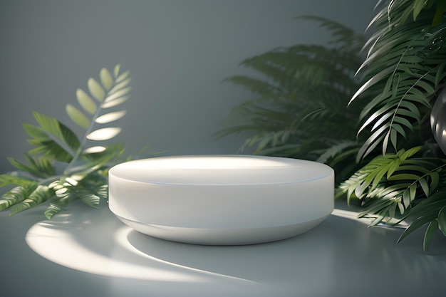 Podium En Marbre Rond Dans La Forêt Tropicale Pour La Présentation Du Produit Et Le Mur Vert AI Générative 3D Pour Les Produits De Beauté Naturels Parfums Cosmétiques Maquettes