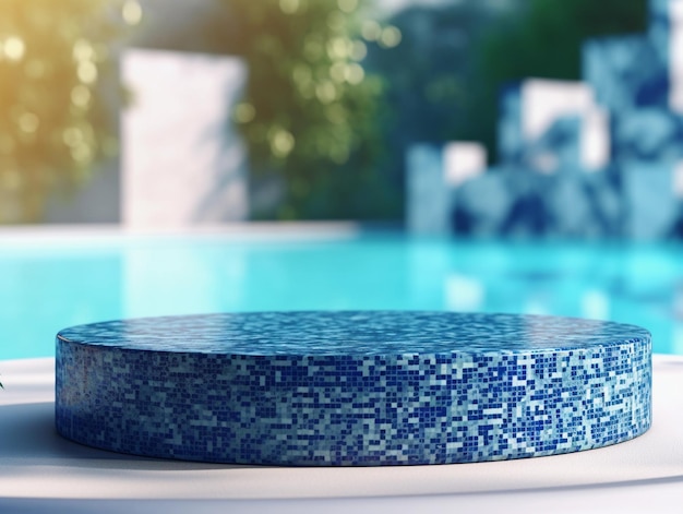 un podium en marbre rond dans une piscine