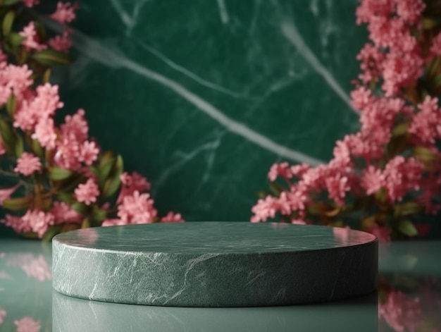 Podium en marbre vert pour la présentation du produit avec fleurs de cerisier roses sur fond vert