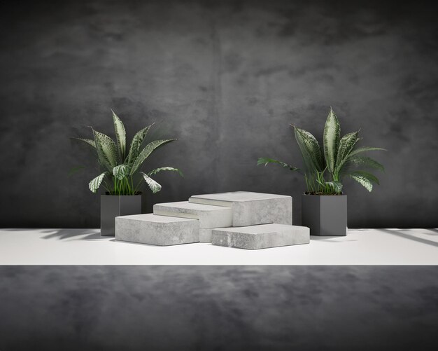 Podium de marches en béton gris foncé avec décor de plante de serpent dans un modèle de maquette de rendu 3D carré