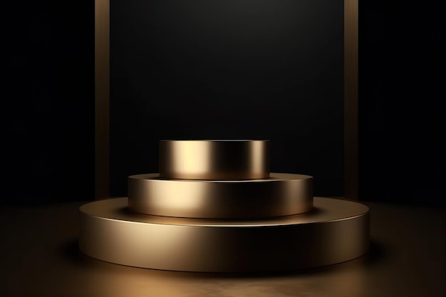 Un podium en métal doré se dresse devant un fond noir