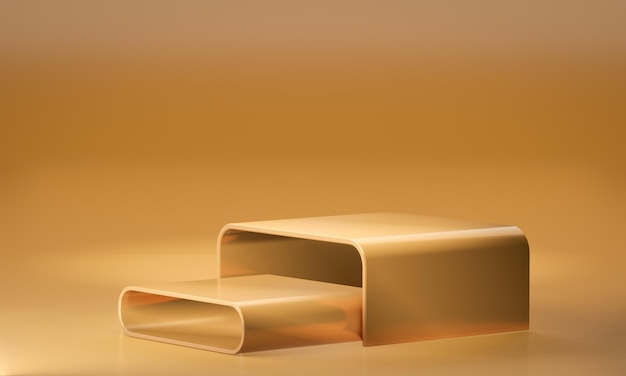 Podium en métal doré Support de produit moderne en deux étapes rendu d'illustration 3D de thème doré de luxe