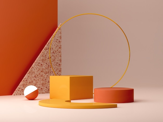 Podium minimal dans des couleurs ocres. Scène aux formes géométriques. Bague en or, mur en terrazzo, sphère avec lumière et boîtes. Scène d'automne orange et jaune.