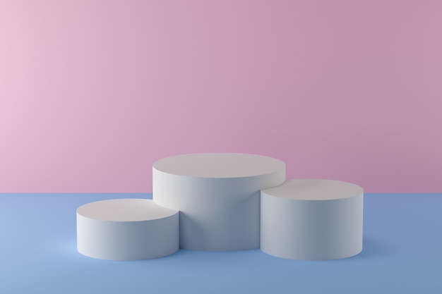 Podium minimaliste de rendu 3D avec des couleurs pastel bleu clair et rose avec trois cylindres comme base