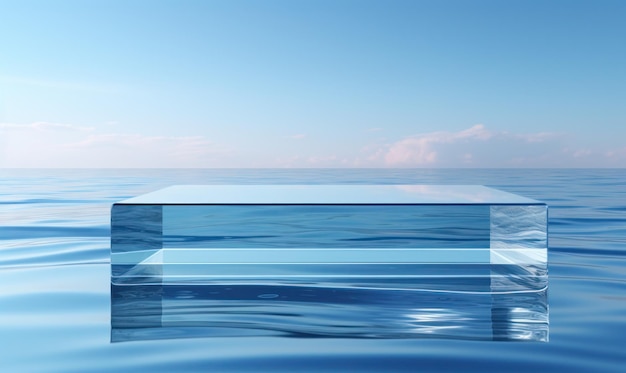 Photo un podium minimaliste transparent flottant sur des eaux bleues sereines sous un ciel dégagé
