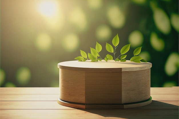 Photo podium minimaliste vide sur fond de feuilles de plantes vertes floues sur fond de table en bois pour le placement de votre produit étape de présentation du produit biologique