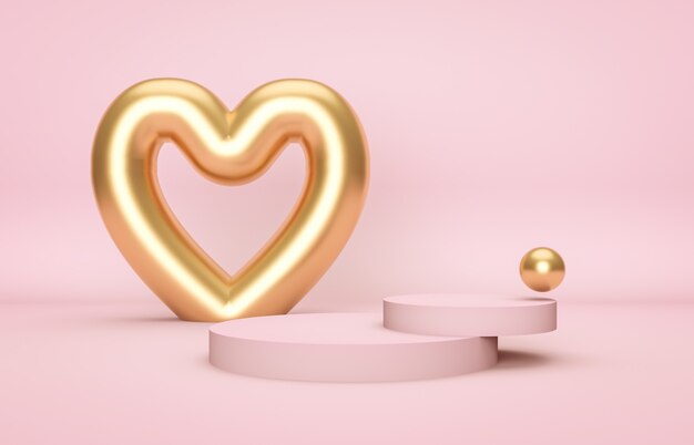 Podium de mode rose abstrait avec forme de coeur d'or. concept d'amour.