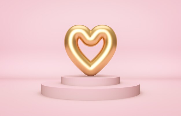 Podium de mode rose abstrait avec forme de coeur d'or. concept d'amour.