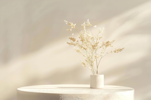 Podium moderne d'exposition de produits avec vase et fleurs séchées à la lumière naturelle