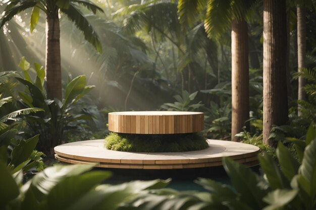 Photo un podium moderne pour la conception de produits sur le fond d'une forêt tropicale