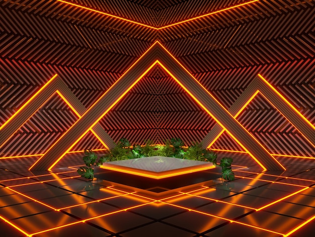 Podium avec naturel pour l'affichage du produit Neon Orange light abstrait futuriste rendu 3d