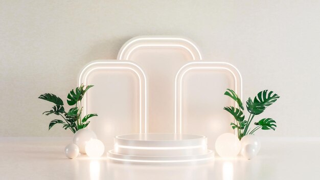 Podium Neon Glow Display White Product Présentation Nature 3d Realistic Render