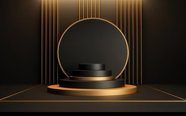 Un podium noir avec un cercle d'or et un projecteur ai génératif