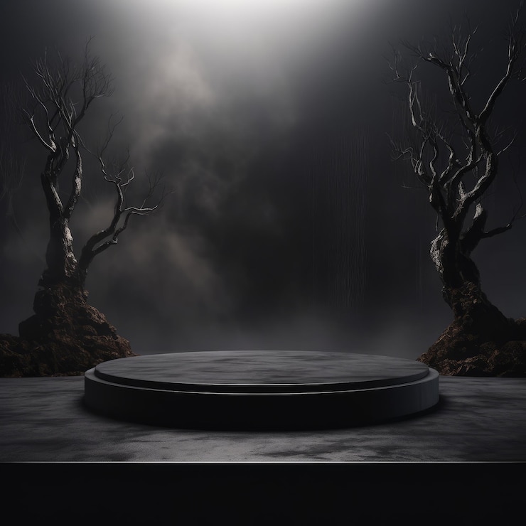 Podium noir dans le concept d'Halloween de la forêt sombre