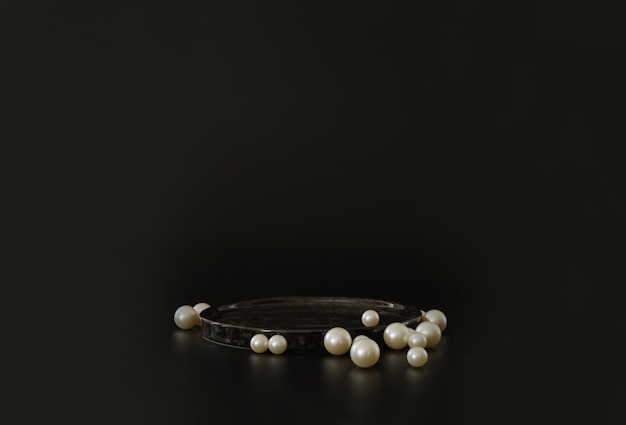 Podium noir sur fond noir avec perles Podium pour la présentation cosmétique du produit