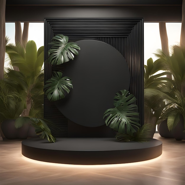 Podium noir sur fond tropical moderne pour le rendu 3D du placement de produit