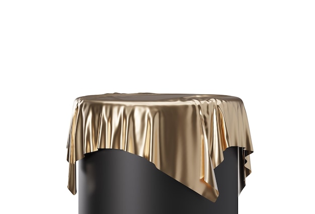 Podium noir et or isolé sur fond blanc Scène élégante pour la présentation cosmétique du produit Soie dorée Maquette de luxe Piédestal ou plate-forme pour produits de beauté Scène vide Rendu 3D