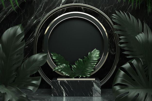 Un podium noir et or avec une plante tropicale au milieu Generative Ai