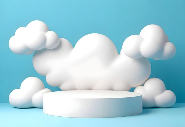 Un podium nuageux 3D avec un élément nuageux autour et un fond pastel
