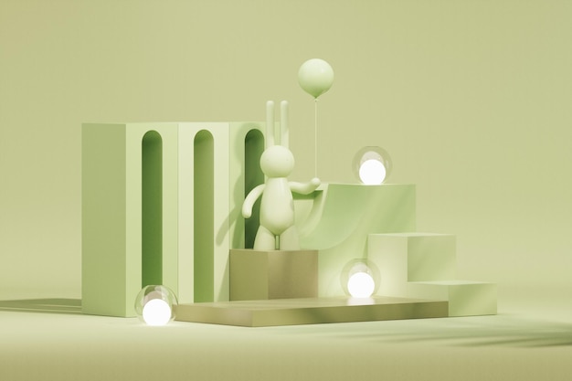 Podium d'oeufs de Pâques et lapin en arrière-plan de scène vert pastel rendu 3d