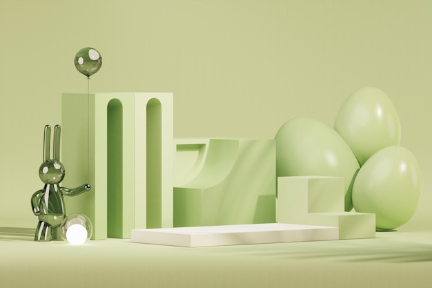 Podium D'oeufs De Pâques Et Lapin En Arrière-plan De Scène Vert Pastel Rendu 3d