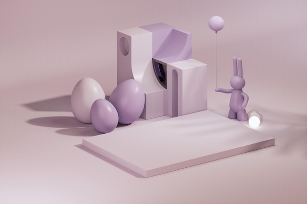 Podium des oeufs de Pâques et lapin en fond de scène violet pastel rendu 3d