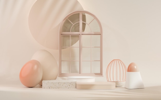 Podium d'oeufs de Pâques avec vecteur de rendu 3d sur fond beige pastel et rose corail