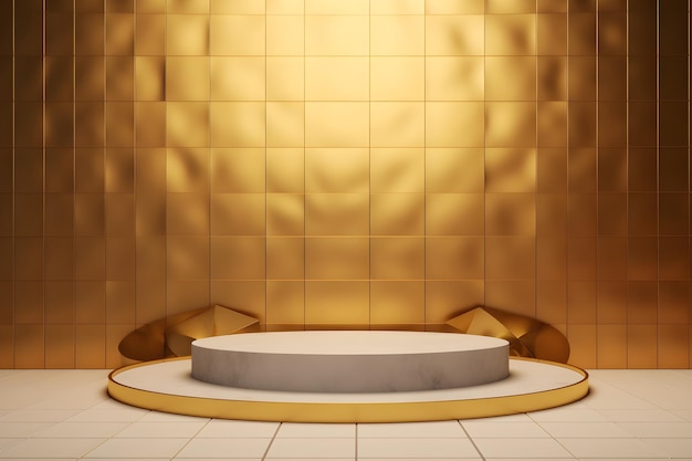 Un podium en or dans une pièce avec un mur en or