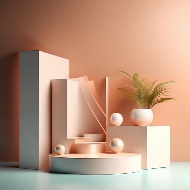 Podium pêche minimaliste et sol bleu avec décor et plantes sur le côté