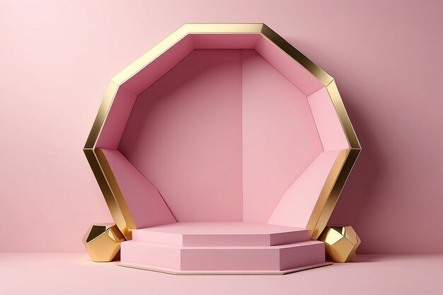 podium pentagonal gris avec des formes dorées sur un fond rose pastel conception de toile de fond pour la promotion du produit rendu 3D