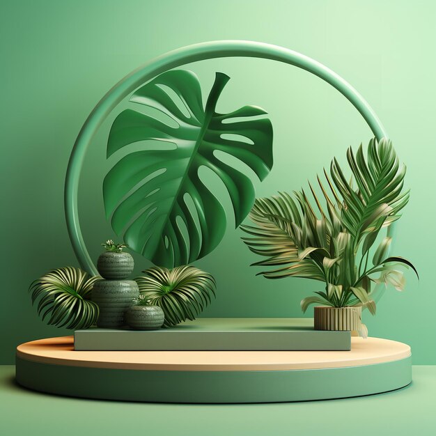 Le podium photo 3d est décoré de palmier monstera sur fond vert illustration 3d